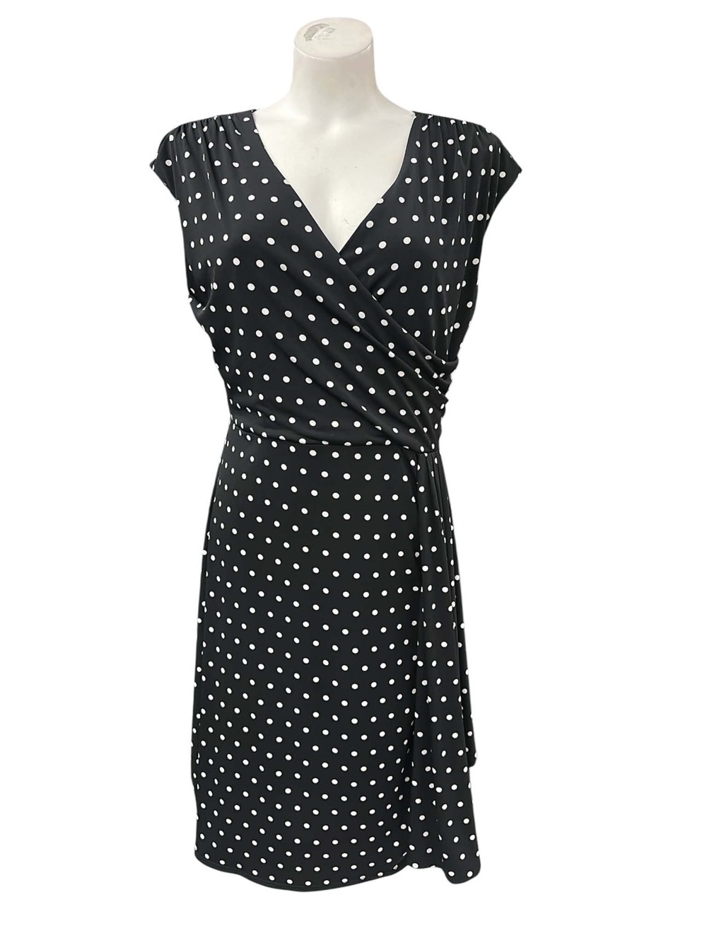 Tradition Polka Dot Faux-Wrap Dress - Black with White Dots Size M